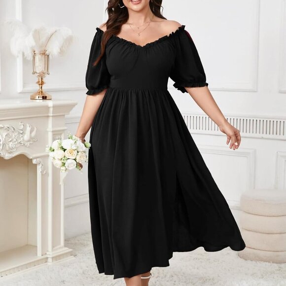 Plus Size Maxi Dress Women Summer V Neck Puff Short Sleeve Slit Formal - Picture 4 of 6